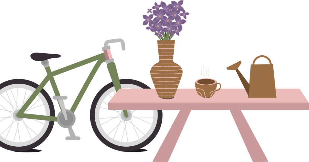 drawn bicycle and table with flowers, tea and a watering can