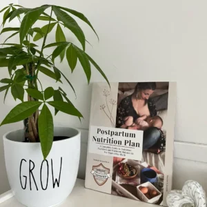 postpartum nutrition book and a plant in a pot that states GROW